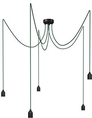 Relight Pendelleuchte 5-flammig Kraken (höhenverstellbar), E27 Lampenfassungen aus Bakelit, 5x 3 Meter Textilkabel Dunkelgrün