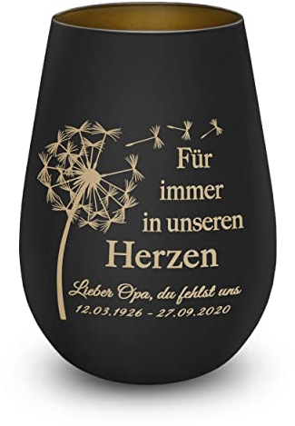 kultdog Trauerlicht Gedenklicht Andenken Windlicht Trauergeschenk Tod Erinnerung Teelichtglas Grablicht Kistallglas schwarz Pusteblume mit Gravur Name und Datum