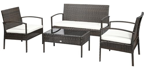 Outsunny Polyrattan Gartenmöbel Set 4-teiliges Rattensofa-Set Sitzgruppe Sitzgarnitur für Pause Lounge Teetisch mit Sofa Sitzkissen Stahl Braun+Cremeweiß