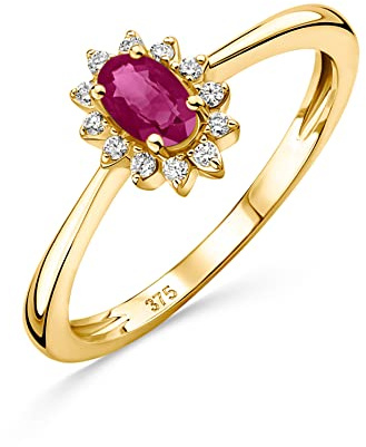 OROVI Schmuck Damen 0.07 Ct Diamant Verlobungsring Blume Weißgold/Gelbgold mit Edelstein/Geburtsstein natürlicher ovaler Smaragd/Saphir/Rubin und 12 Diamanten Brillanten Ring aus 9 Karat (375) Gold