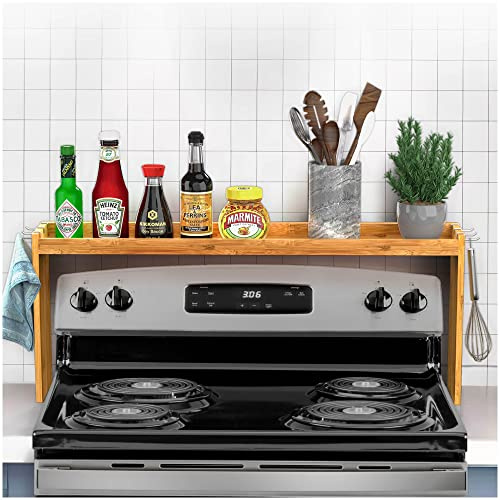 IIIOIIIA Bamboo Over the Stove Spice Shelf for Kitchen, 31.5 Spice Rack Organizer Shelf with 6 hooks, 11.4 Height Extra Storage Countertop, Easy to Assemble