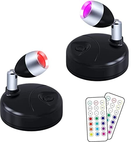 Helcona Wireless LED Spotlight w/ Remote Control, RGB Battery Spot Lights Indoor Art Lights Color Changing Mini Picture Light Dimmer Puck Lights Timer Wall LightHallway Cupboards 2 Pack, Black (DR-1)