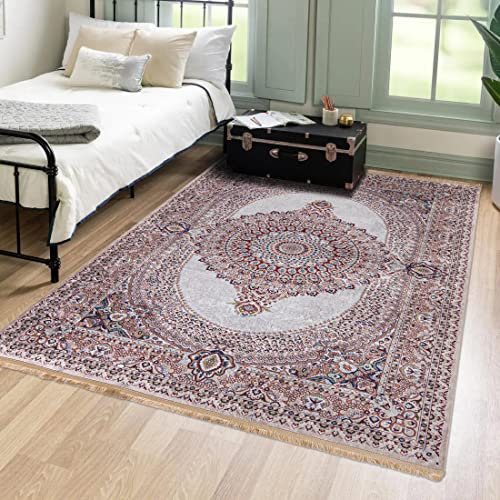 Mazovia Orientalisch Vintage Teppich - Kurzflor Waschbar - Weich Traditioneller Teppich für Wohnzimmer, Schlafzimmer, Esszimmer – Oriental Teppiche - Beige Creme 120 x 170 cm
