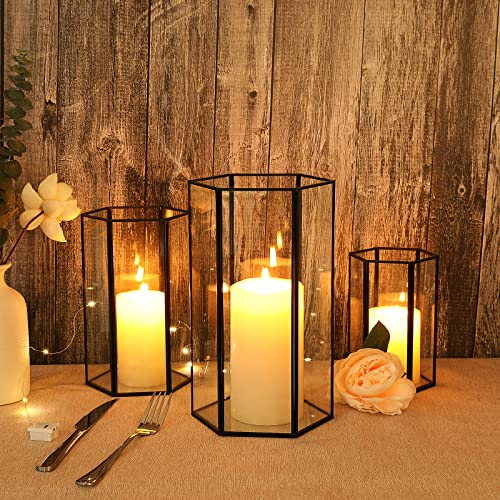 Portavelas de Cristal Hurricane, Juego de 3 faroles hexagonales Transparentes Grandes con Marco de Metal Negro, Centro de Mesa de Boda, decoración del hogar