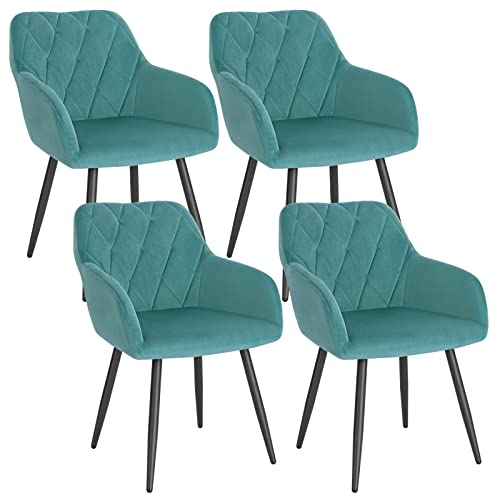WOLTU 4er Set Esszimmerstühle mit Armlehne Rückenlehne, für Esszimmer Wohnzimmer Küche, Bequeme Küchenstühle gepolstert mit Samtbezug, Metallbeinen, Türkis