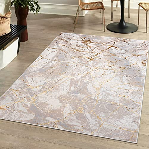 Mazovia Modern Teppich Wohnzimmer, Kurzflor elegant glänzender - Abstrakt Marmor Design - Wohnzimmerteppich in Beige Creme mit Gold 160 x 230 cm