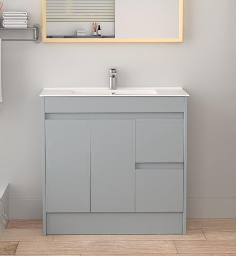 Robanmoa 900mm Freestanding Bathroom Vanity Unit With Basin, Large Bathroom Storage Cabinets Unit White Ceramic Sink Set Waterproof Cupboard Furniture Floor Standing Cabinet Vanity Units