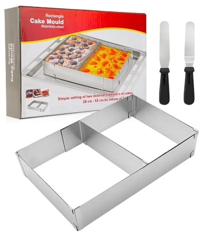 GYSRXS Molded Rectangular Ajustable Molde de Acero Inoxidable Cuadrado con Separadores Y Espátula para Tartas Pizzas Hornear Y Decorar,Tamaño Ajustable 18-33×28-53CM(Plata)