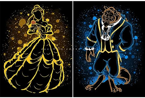 HUANNY DIY Diamond Painting Beauty and Beast Diamond Art, 5D Full Drill Cross Stitch Embroidery kit for Beginners (2 Packs)