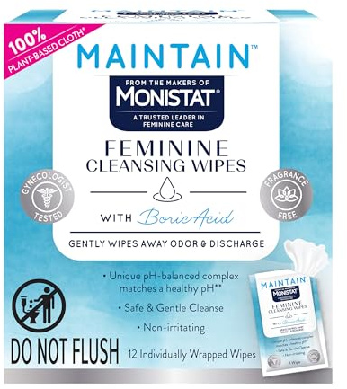 Monistat Maintain Boric Acid Feminine Wipes, Fragrance-Free, Non-Irritating and pH-Balanced Wipes for Women, Individually Wrapped Feminine Care, 12 Count