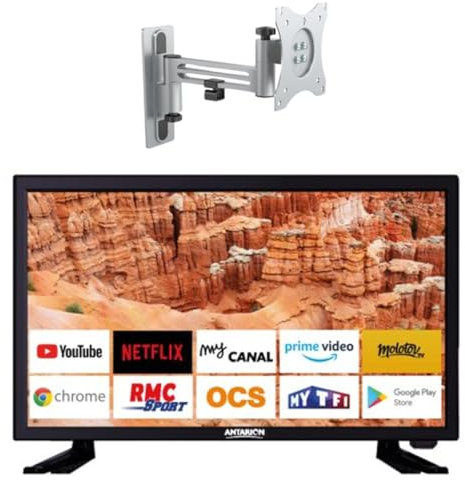 Antarion Pack TV LED 18.5 47cm Téléviseur HD Android 11.0 + Support TV Camping Car 180° Charge Max 15kg