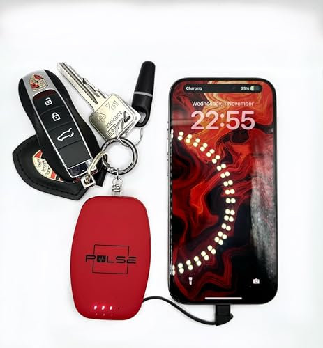 Pulse EMERGENCY Key Ring Mini Power Bank - 2000mah battery charger; small, portable, light, compact, cute with built in output cables for iPhone and Android (eg Samsung) devices/phones (Darling Red)