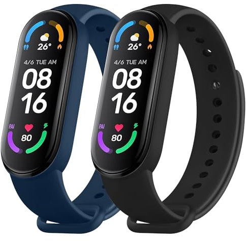2 Pack Bracelet pour Xiaomi Mi Band 5/ Xiaomi Mi Band 6/6 NFC pour Femme et Homme,Bracelet Soft Silicone Souple Respirant Coloré pour Xiaomi Mi Band 6/ Mi Band 5 (Noir/Bleu Marine)