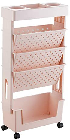 Alvinlite 5 Tier Rolling Cart, Mobiles Schreibtischregal für Klassenzimmer, Kompakter Schreibtisch Aufbewahrungs Organizer mit Rollen, Organizer Büro, dünner Aufbewahrungswagen für Bücher, Rosa
