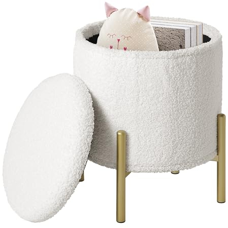eSituro Hocker mit Stauraum, Sitzhocker rund faltbar, Falthocker mit Metallbeinen Deckel, Polsterhocker für Wohnzimmer Schlafzimmer Fußhocker Sitztruhe aus Teddyfleece φ35xH41 cm weiß