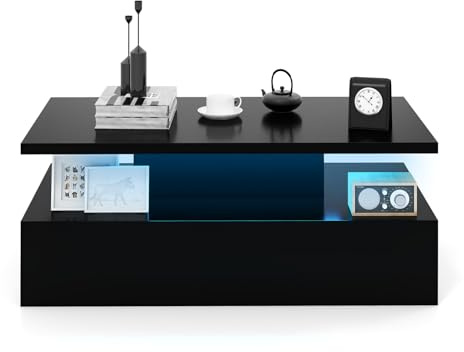 LIFEZEAL Couchtisch mit LED, Moderner Kaffeetisch mit 20 verschiedenen Leuchten, Wohnzimmertisch mit Fernbedienung, Sofatisch für Wohnzimmer & Büro, 110 x 60 x 40 cm (Schwarz)