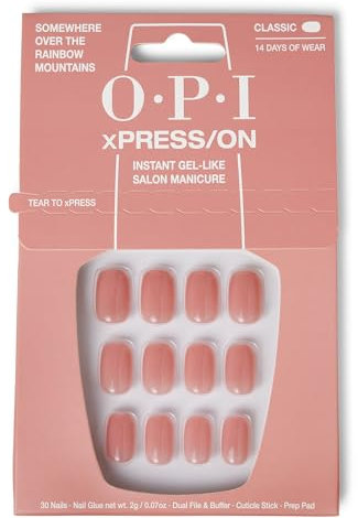 OPI xPRESS-ON Somewhere Over the Rainbow Mountains - Rose Pink Short and Round Shaped Press On Nails - With Nail Glue - Long Lasting, Reusable and Non-Damaging False Nails