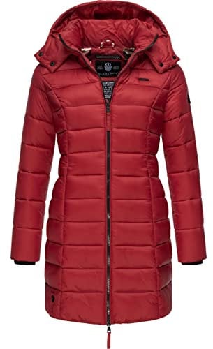 MARIKOO Damen Langer Wintermantel Warmer Steppmantel mit Abnehmbarer Kapuze Abendsternchen Dark Red Gr. XXL