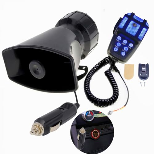 YIYIDA Autohupe Lufthorn Auto Sirene Blaues Licht und Schwarz 7 Tone Schließen Sie den Zigarettenanzünder des Autos an 135db Sound Verstärker mit Mic PA Lautsprecher System für 12V Auto LKW Boot ect