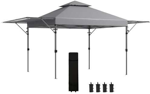 Outsunny 3 x 3(m) Pop Up Gazebo with Extend Dual Awnings, 1 Person Easy up Marquee Party Tent with 1-Button Push, Double Roof, Wheeled Bag, Sandbags, Height Adjustable Instant Shelter, Grey
