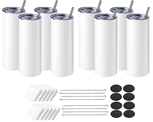 Fegtrtyoa Paquete de 8 vasos de acero inoxidable de sublimación de 20 onzas, rectos, delgados con papeles de sublimación, tapas y pajitas para máquina de prensa de vasos