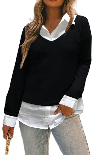 Oyamiki Langarmshirt Damen Baumwolle mit Hemdkragen Farbblock Stricken V Ausschnitt Tshirt Lässige Elegante Blusen Loose Sweatshirt Top für Herbst Winter