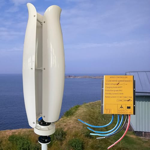 ZHOZHUT 3KW Windkraftanlage Generator Windkraftanlagen 12V / 24V / 48V Vertikale Windgenerator Mit MPPT-Controller Und 2 Glasfaserflügeln, Dreiphasiger Magnetschwebebahngenerator,Weiß,3000W12V