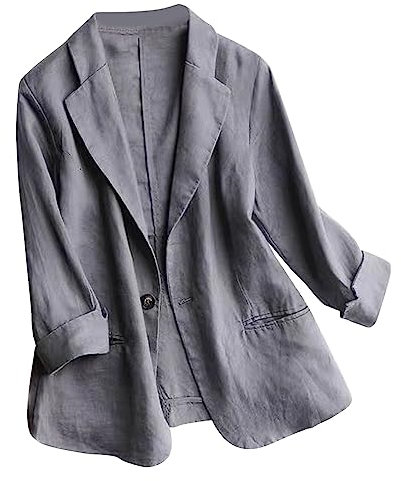 Blazer di lino da donna a maniche lunghe in lino, giacca casual leggera da donna con collo con risvolto, cappotto a bottone singolo, tinta unita, aderente, aperto sul davanti, per lavoro e affari
