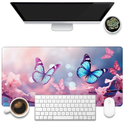 KOAIWPAE Sous-main de bureau, grand tapis de souris de jeu avec base antidérapante et bords cousus Motif papillon bleu volant et branches de cerisier roses 80 x 40 cm