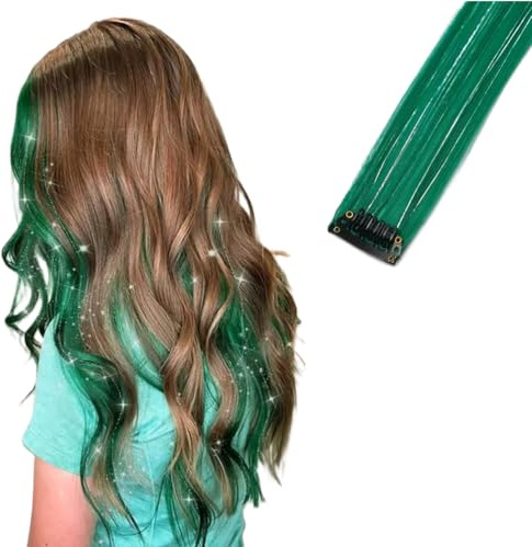 2 x Clip-In Hair Extension Highlights Streaks, Colourful Hair Highlights (Sparkle Green)