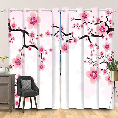 Lot de 2 rideaux occultants à motif floral japonais classique pour salon, chambre à coucher, motif branches d'arbre et fleurs de cerisier rose, 140 x 229 cm
