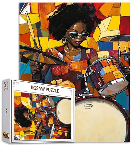 Black Art 1000 Piece Jigsaw Puzzles for Adults African American Woman Painting Jigsaw Puzzle Black Girl 1000 Pieces Puzzles 19.7''x27.6''inch Girl Playing Drum Instruments Wall Decor DIY Craft Puzzle