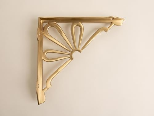Satin Brass Flower Shelf Brackets | Heavy Duty Brackets for Kitchen Bookshelf | Brass Shelving Heavy Solid Cast Brass Shelf Bracket (Large)