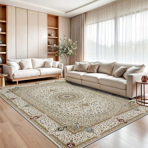 MOONLIGHT20015 Washable Rugs Living Room 120 x 170 cm - Fluffy Vintage Large Area Rugs for Bedroom - Non Slip Low Pile Soft Boho Rug Carpets for Lounge - Traditional Rug for Dining Room, Willow Beige