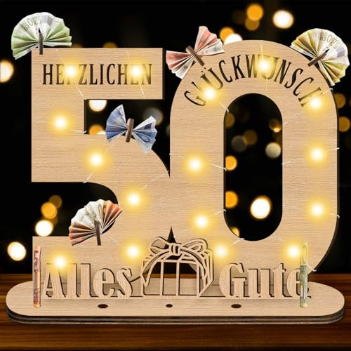 Herbst 50 Geburtstag Frauen Männer, 50 Geburtstag Deko Originelle Geschenk Holz-Schild mit LED Gästebuch, Mann Frau Deko Geldgeschenke für Jubiläum, Personalisierbares Geschenk