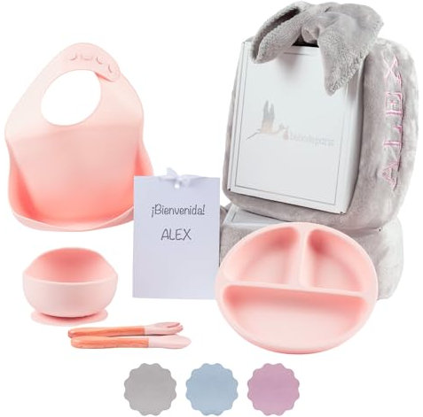 Regalo Ecológico Personalizado para Bebé | Vajilla de Silicona + Accesorios Personalizados (Rosa | Vajilla + Manta) | BebeDeParis