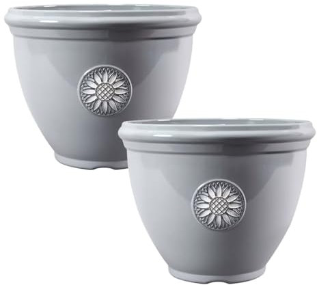 Round Grey Plant Pot 30cm,12inch Sunflower Design 11L Garden Indoor Outdoor Planter Cover Drainage Holes, Weather, Frost Proof, Glossy Finish (1)