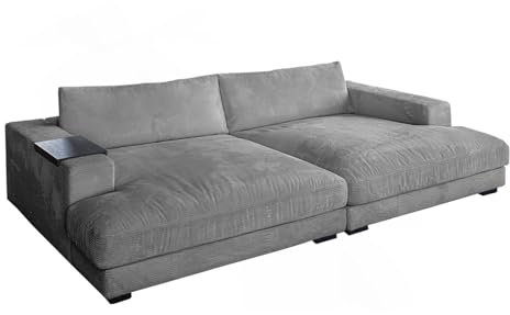 KAWOLA Big Sofa Madeline - Megasofa mit Holztablett Armlehnen-Ablage, Lounge Couch in Cord Grau, Wohnzimmer XXL Sofa