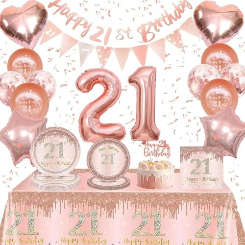 Rose Gold 21st Birthday Party Decorations Tableware Set Include 21st Birthday Balloons, Banner, Tablecloth, Cake Topper, Plates and Serviettes for Her, Women, Party Birthdays Supplies Decoration