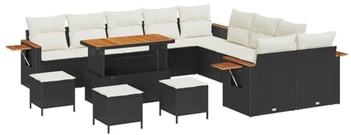 vidaXL Garten-Sofa-Set mit Kissen 14 pcs Schwarz und Creme, Garten und Terrasse, modernes Outdoor-Set, UV-beständige Materialien, abnehmbare Kissen, Möbel zum Entspannen