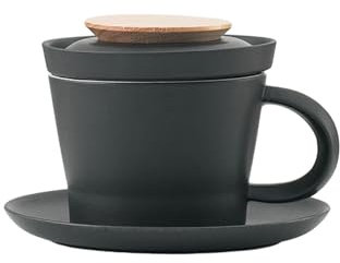 Taza de té de cerámica japonesa de 160 ml, color sólido japonés, simple y lujosa, con tapa y filtro, color negro (haya)