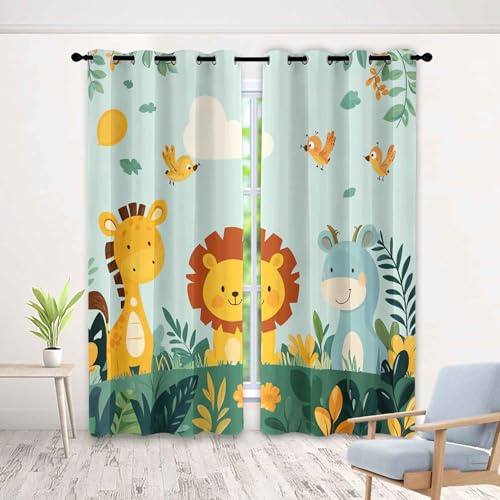 Generisch Safari-Dschungel Kinderzimmer Gardinen Vorhänge mit Ösen 2er Set, Cartoon Wald Wildtiere Vorhänge Blickdicht Thermo Verdunkelungsvorhang für Junge Mädchen Schlafzimmer 140x225cm