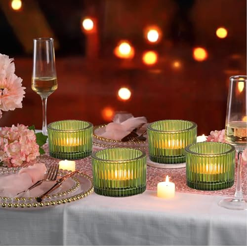 Glass Tea Light holder Votive Candle Holders for Wedding, Party, Table Centrepiece (4, Green)