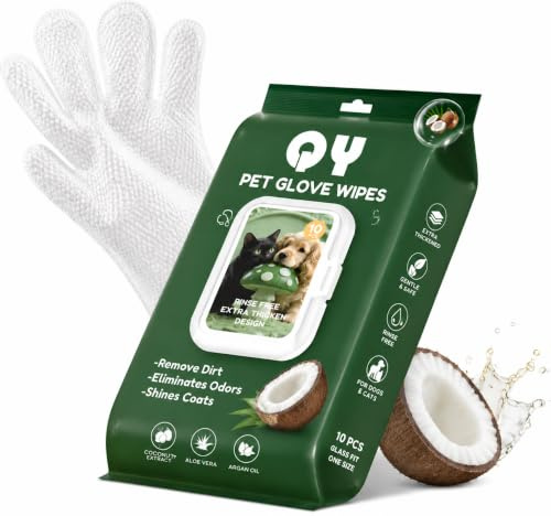10 Pack Extra Thick Pet Grooming Mitts Rinse-Free Dog Shampoo Gloves for Body Face & Paw Alcohol-Free Hypoallergenic Waterless Wash Wipes with Aloe & Coconut, Heavy Duty No-Rinse for Cats & Dogs