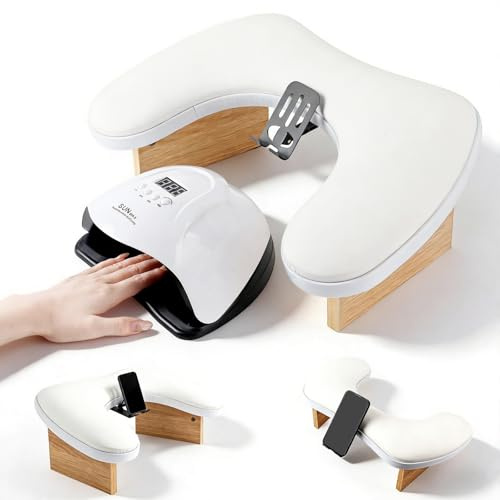 MUUQANYU Nail Arm Rest with Mobile Phone Holder,U-Shaped Wooden Manicure Hand Rest，Nail Arm Rest with Detachable Brackets Microfiber PU Leather Manicure Hand Rest Pillow Suitable for Salon Design