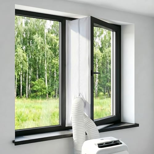 MYCARBON Sello de Ventana de Aire Acondicionado 300 cm con Cremallera Cinta | Adecuado para Aires Acondicionados Portátiles, Secadoras de Tambor y Secadoras con Salida de Aire, para Todo Tipo de Ventanas