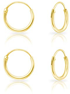DTPsilver® 2 Paare WINZIGE Creolen Ohrringe 925 Sterling Silber Gelb Vergoldet - Knorpel/Wendel/Tragus - Dicke 1.2 mm - Durchmesser 10 mm