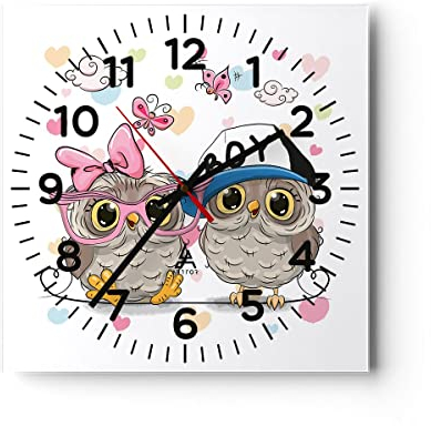 Modern Wanduhr Eule Zeichnung farbig Muster 40x40cm Quadrat Groß Wand Uhr Glas Analog Zimmeruhren Küche Büro Wohnzimmer Glasuhr Wall Clock Dekoration Design Wanddekoration Küchenuhr C4AC40x40-2924
