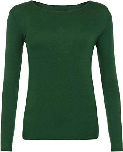 Ladies Women Basic Long Sleeve Plain Round Neck Ladies Stretch Plus Size Top T Shirt (Bottle Green, UK M/L)