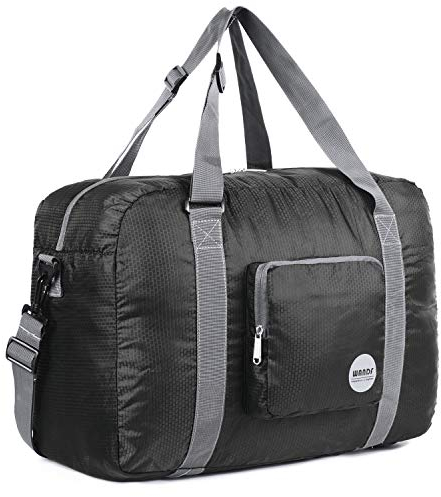 WANDF Handgepäck Tasche für Flugzeug Reisetasche Klein Faltbare Handgepäck Koffer Sporttasche Krankenhaustasche Weekendertasche (Schwarz mit Schultergurt 40L)